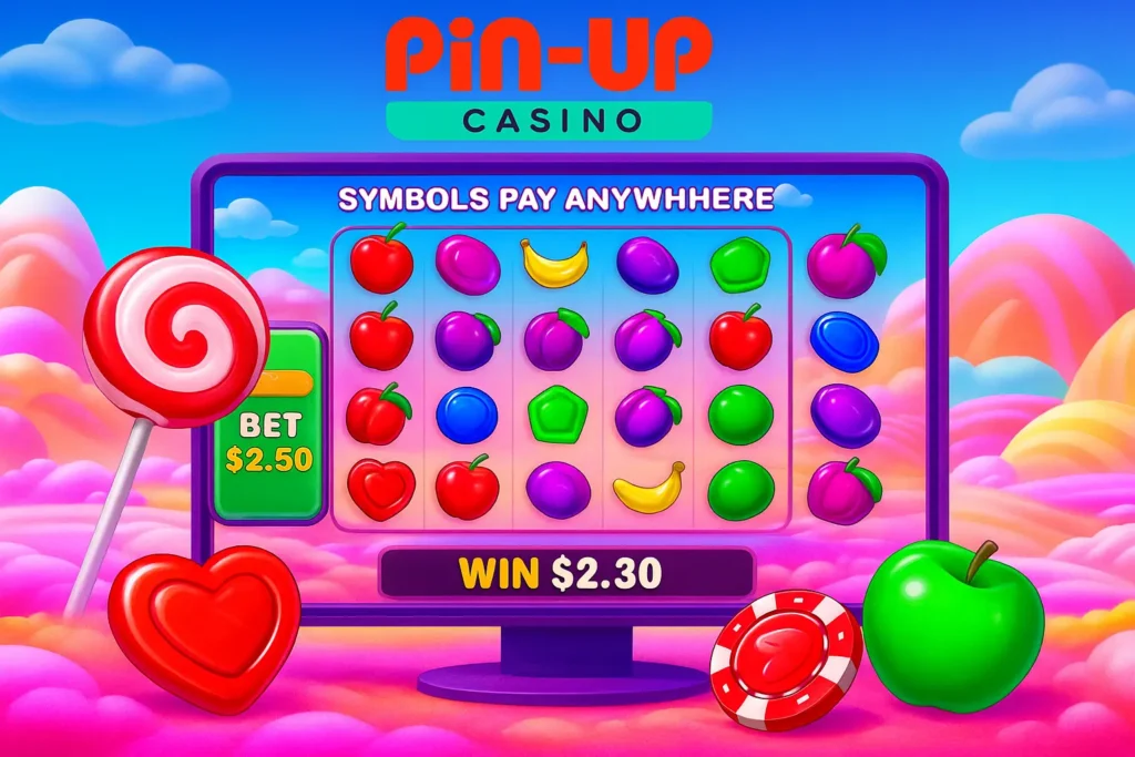 Pin-Up Casino promo image with Sweet Bonanza slot game and candy theme